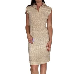 Vintage 1960s LF Petite Knit Dress Beige Leslie Fay Sleeveless Lace Trim Wiggle
